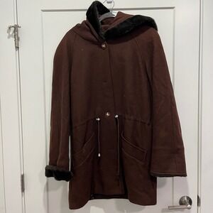 Metropolitan New York Brown Faux Fur Trim Hooded Wool Blend Parka Coat Womens 10